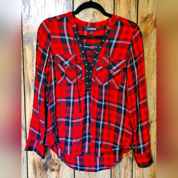 Express Tops - EXPRESS Buffalo Plaid Lace Tie up Long Sleeve Top XSMALL V Neck Red Black
